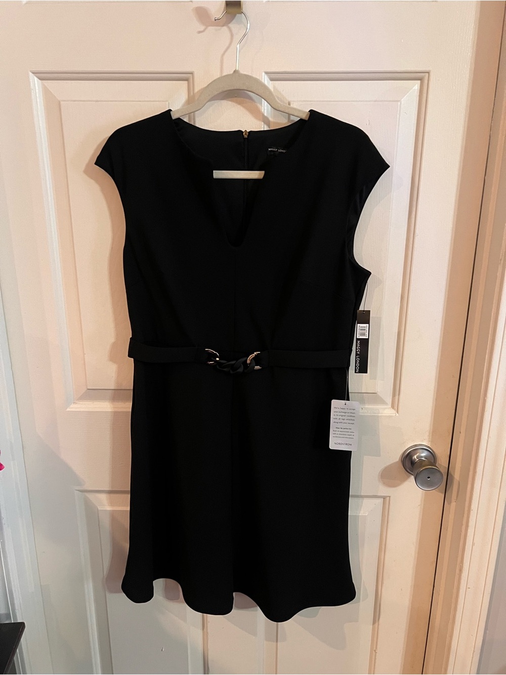 Maggy London Black Cap-Sleeve Belted Mini Dress